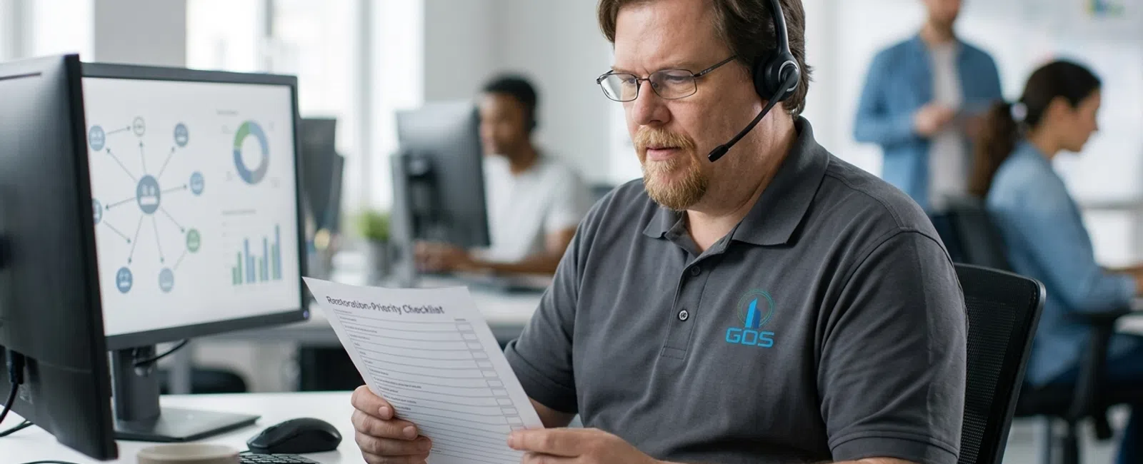 A focused Helpdesk T2 in a charcoal-gray polo and headset handles a client’s recovery-planning call at the support desk, reviewing a blank