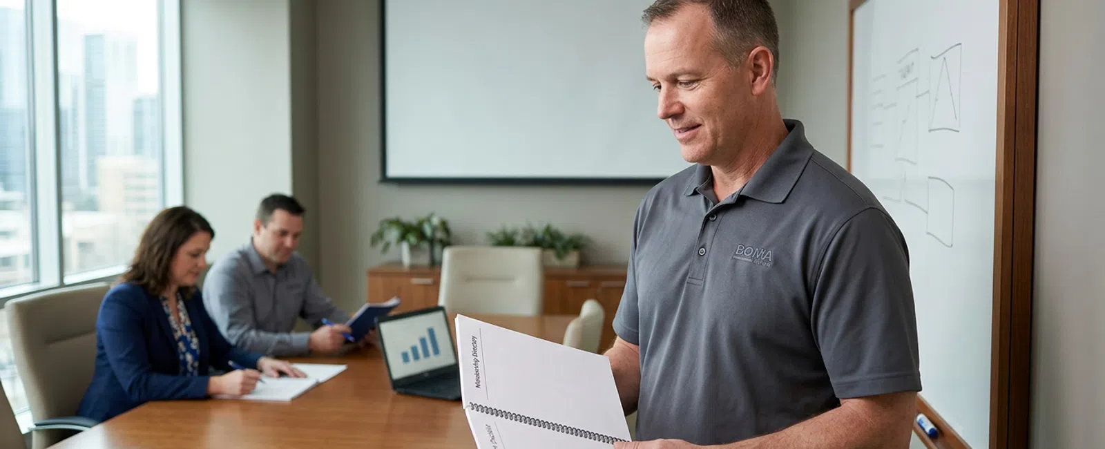 A commercial property manager in a charcoal polo reviews a blank membership directory beside a building support checklist in a quiet BOMA