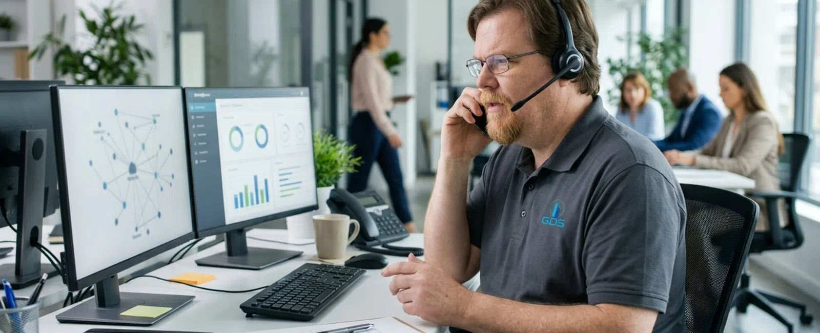 At the support desk, a focused Helpdesk T2 in a charcoal-gray polo and headset discusses a small-business office’s call quality with the