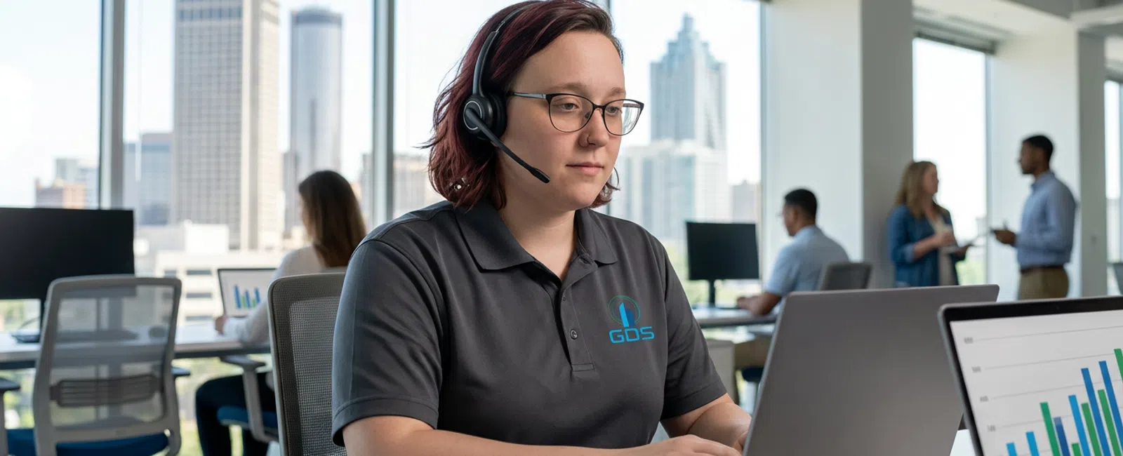 A focused GDS dispatcher in a charcoal polo and headset handles a client call at the support desk, with Atlanta’s recognizable skyline