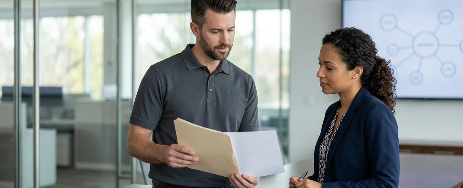 A focused office manager in a charcoal gray polo reviews a blank authorization form with a client in a quiet conference room, assessing the