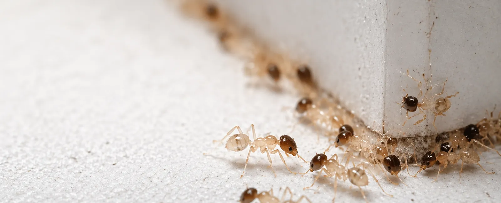 Ghost ants trailing along a kitchen baseboard in a South Florida home, showing translucent bodies and dark heads