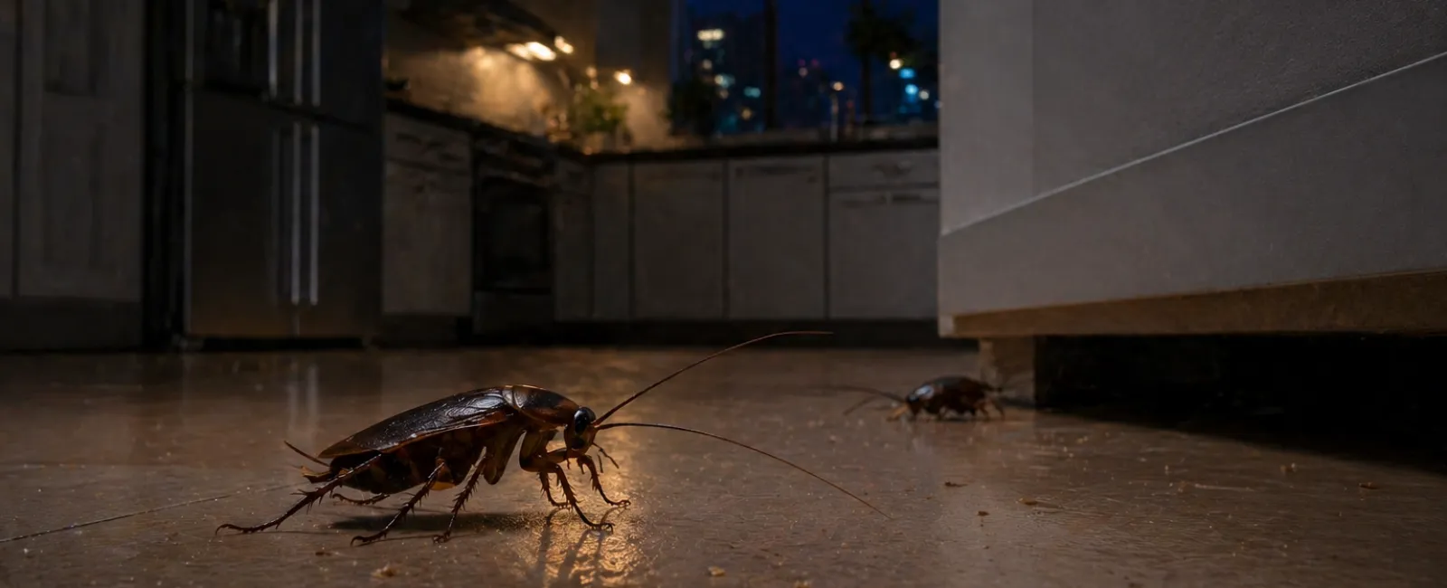 Close-up of cockroaches crawling on a kitchen floor at night with dim lighting and cityscape visible outside.