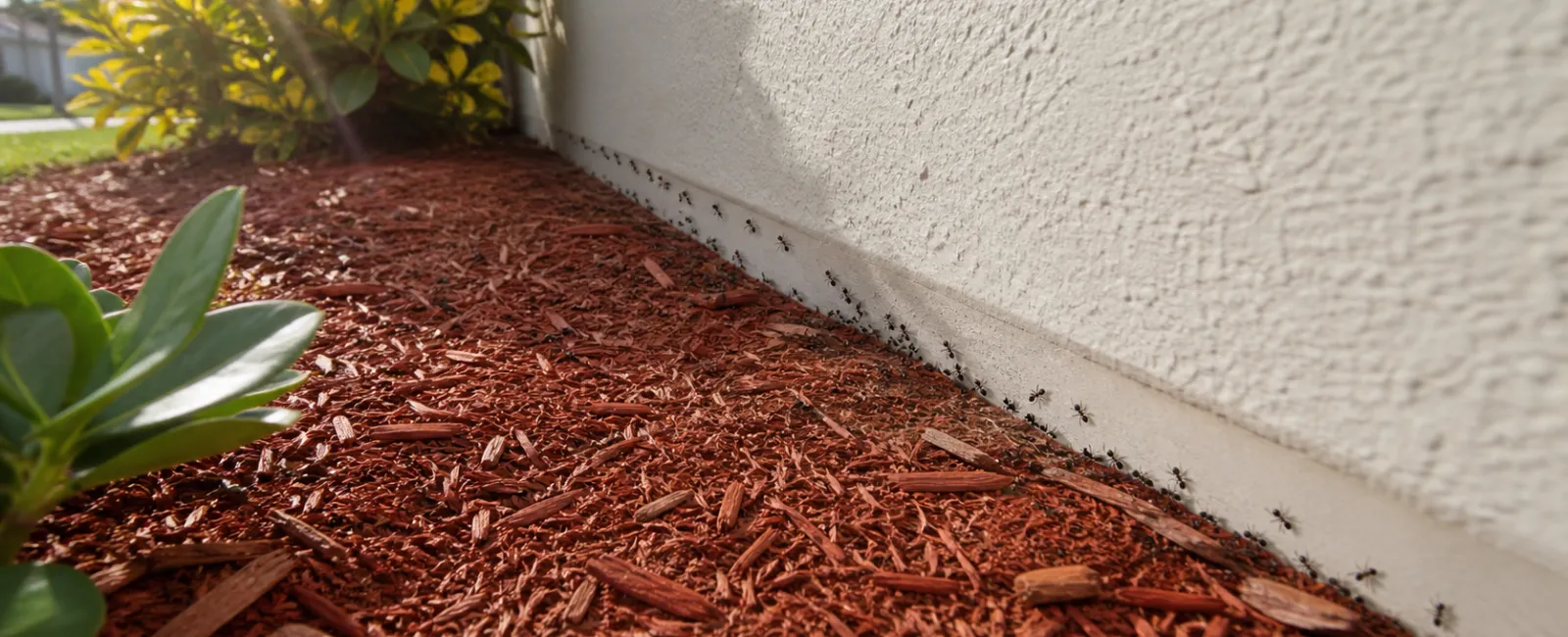 Line of black ants crawling along the base of a white wall over brown mulch in a garden bed.
