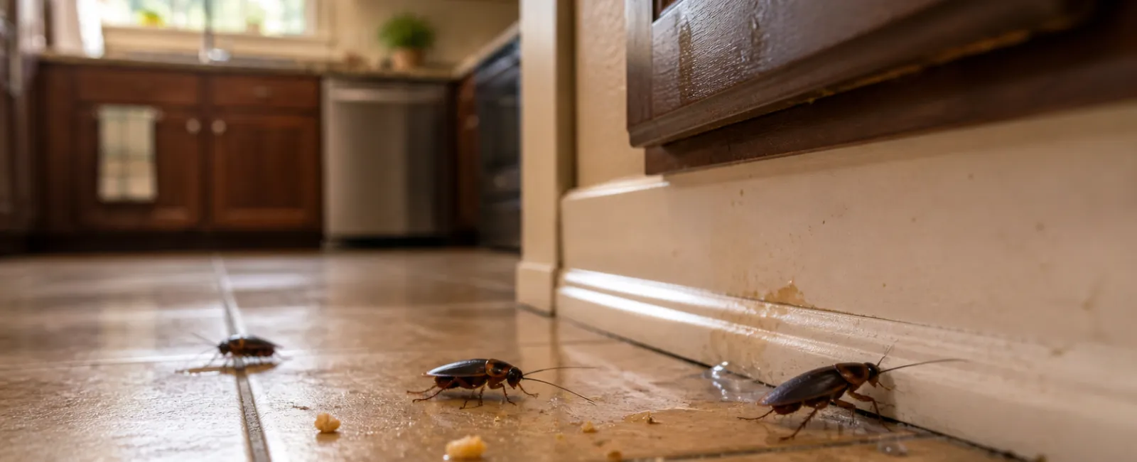 Cockroaches crawling on kitchen floor near crumbs and baseboard in a home kitchen setting.