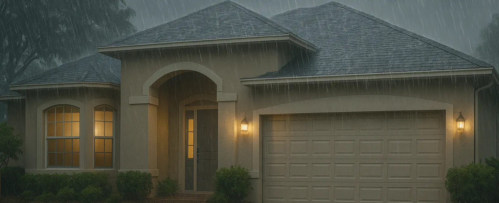 Modern house with lit windows and garage during heavy nighttime rain on wet driveway and yard.
