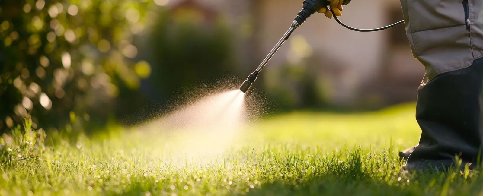 Person spraying pesticide on grass with a handheld sprayer in a garden on a sunny day