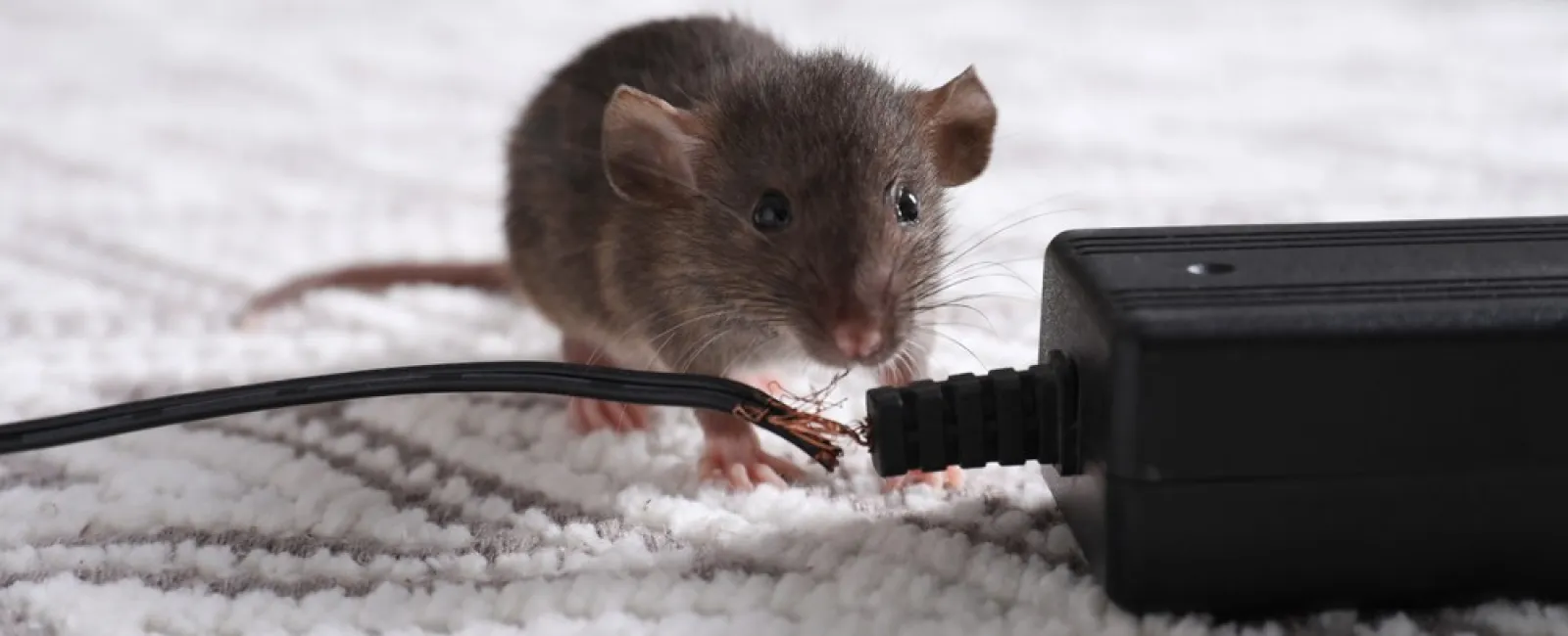Small brown mouse near a chewed electrical cable on a white textured carpet.