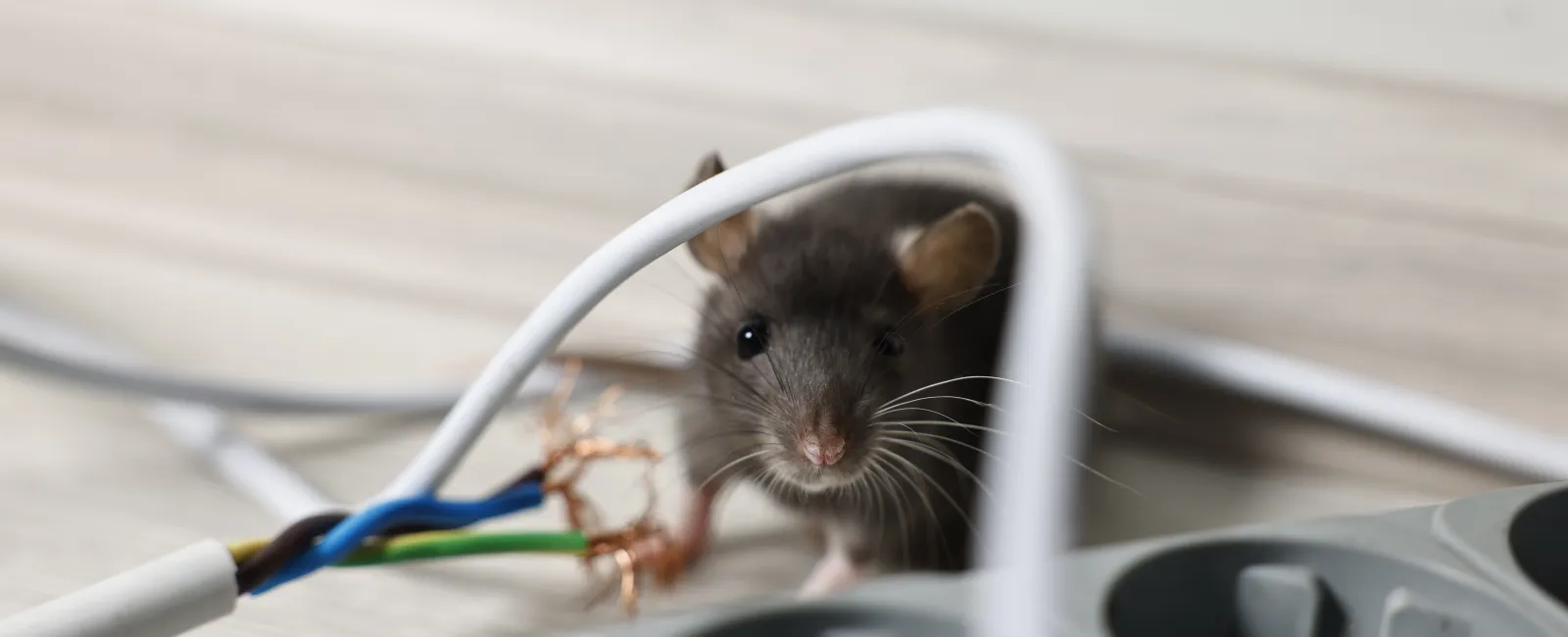 Close-up of a small gray mouse near exposed electrical wires and a power strip on the floor indoors.