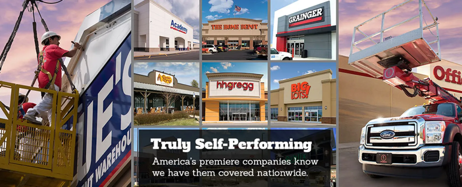 Collage of US store fronts including The Home Depot, Office Depot, hhgregg, Big Lots, Grainger, Academy and workers on equipment lifts.