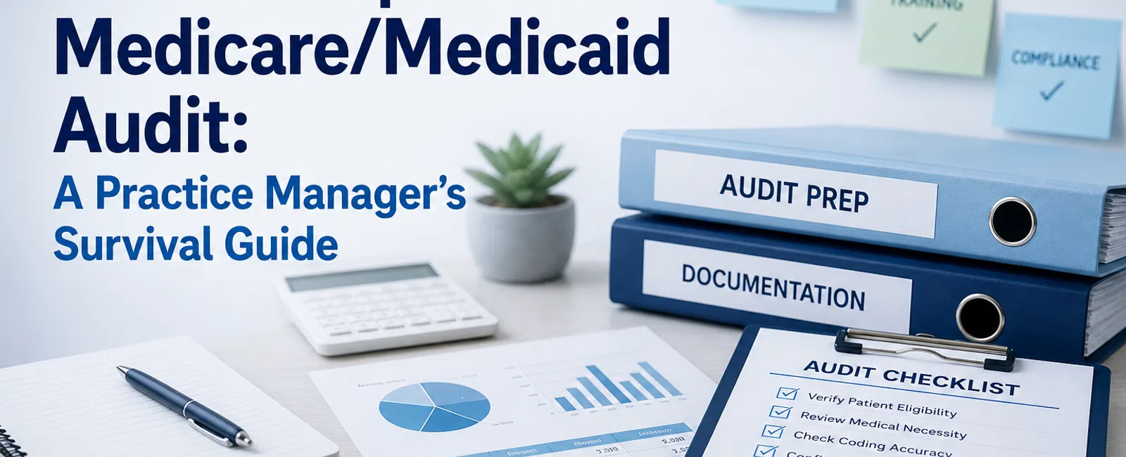 Desk setup showing a Medicare/Medicaid audit guide with checklist, binders labeled audit prep and documentation, notes, and charts.