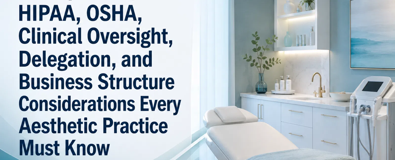 Modern aesthetic treatment room with text on MedSpa compliance and business considerations.