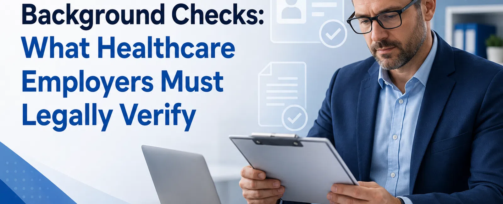 Man in suit reviewing documents on clipboard with laptop nearby, illustrating healthcare credentialing and background checks.