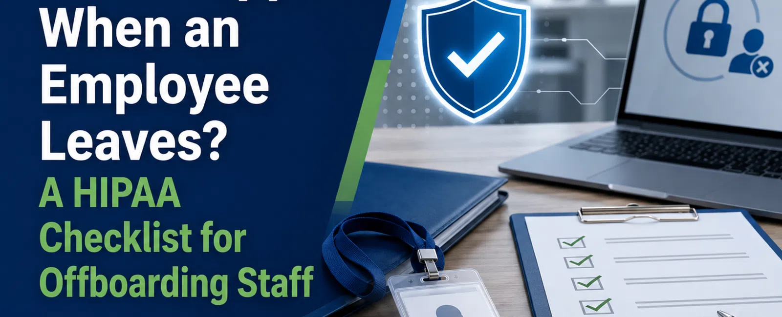 HIPAA offboarding checklist with laptop, security icons, ID badge, keys, and clipboard on office desk.
