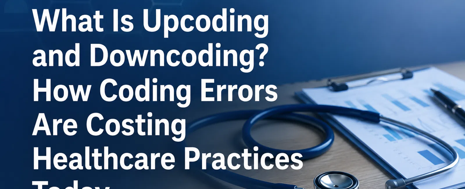 Stethoscope and medical charts on desk with text about upcoding, downcoding, and healthcare coding errors.