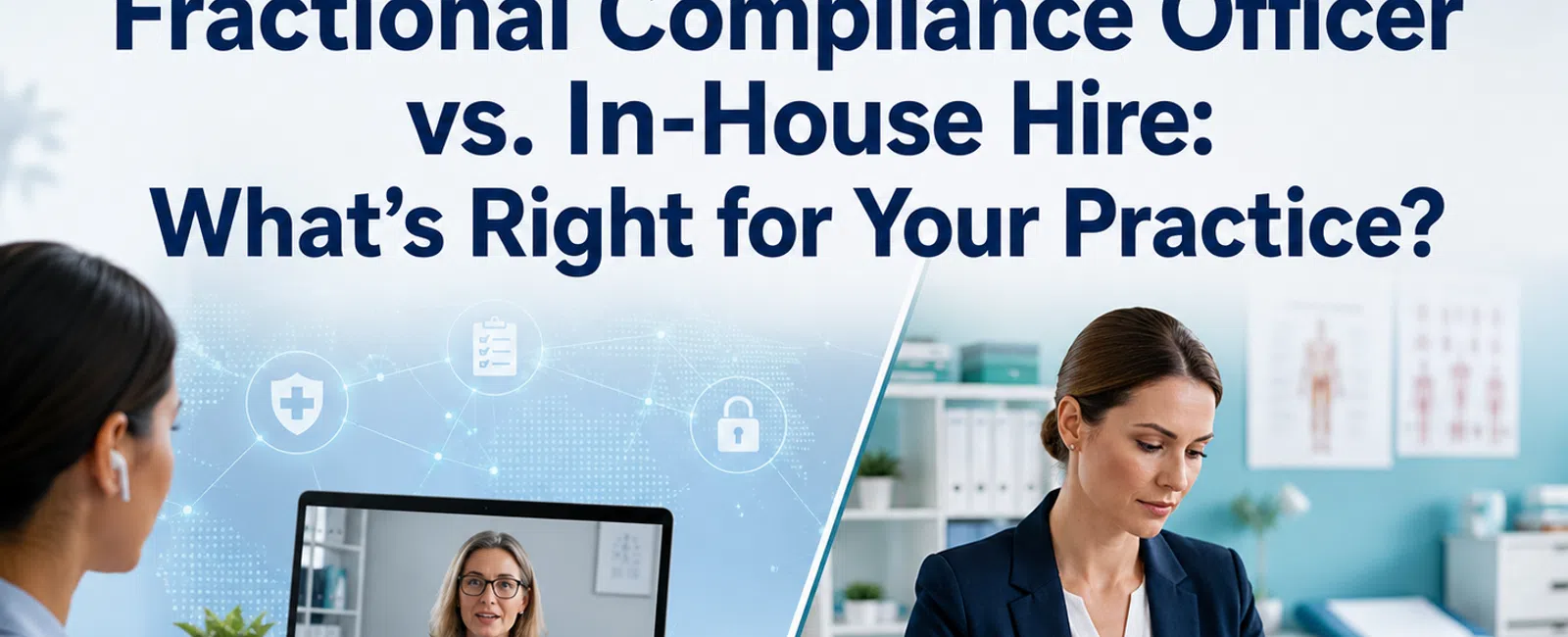 Comparison of fractional compliance officer via video call and in-house hire working at desk in medical office.