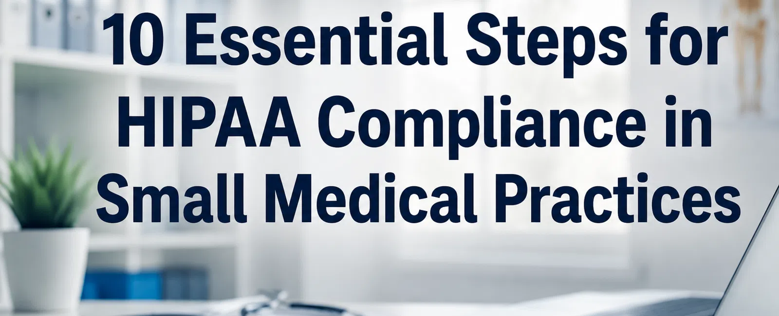 Clipboard with medical documents and stethoscope on desk next to laptop in a bright medical office setting.