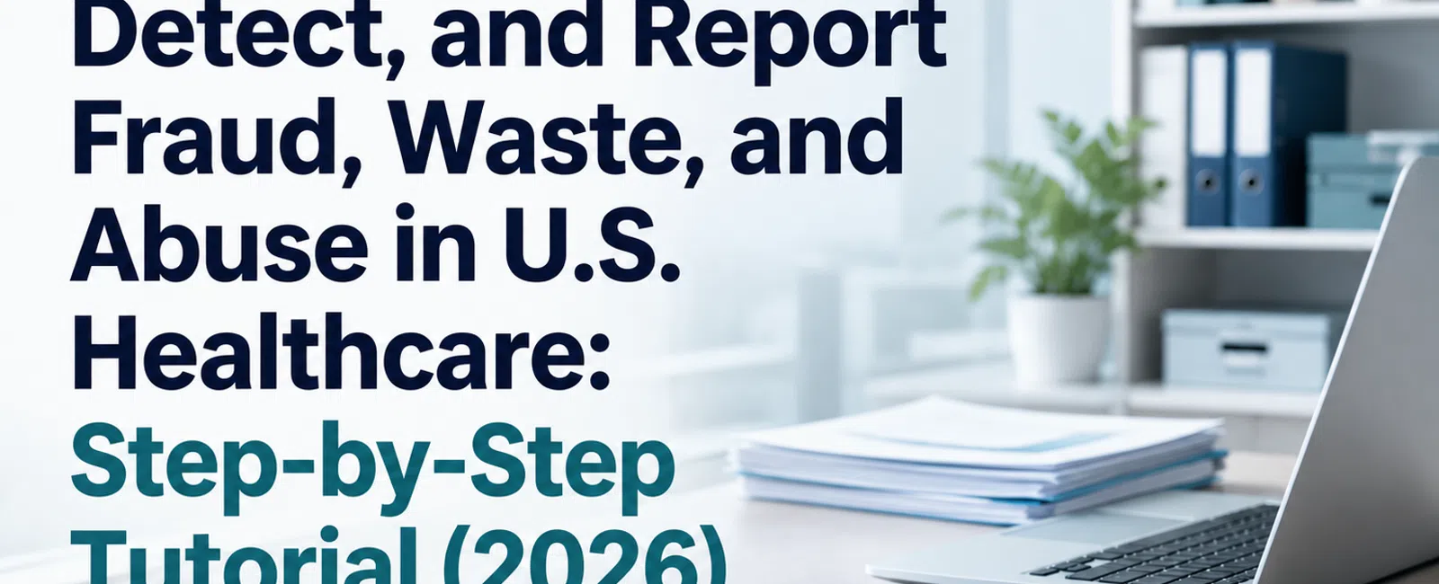 Work desk with medical charts, stethoscope, and laptop illustrating healthcare fraud prevention tutorial text.