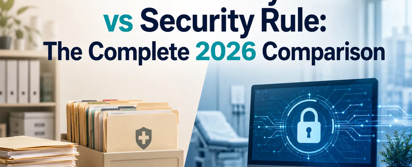 Comparison of HIPAA Privacy Rule and Security Rule for 2026 with healthcare files and digital security lock.