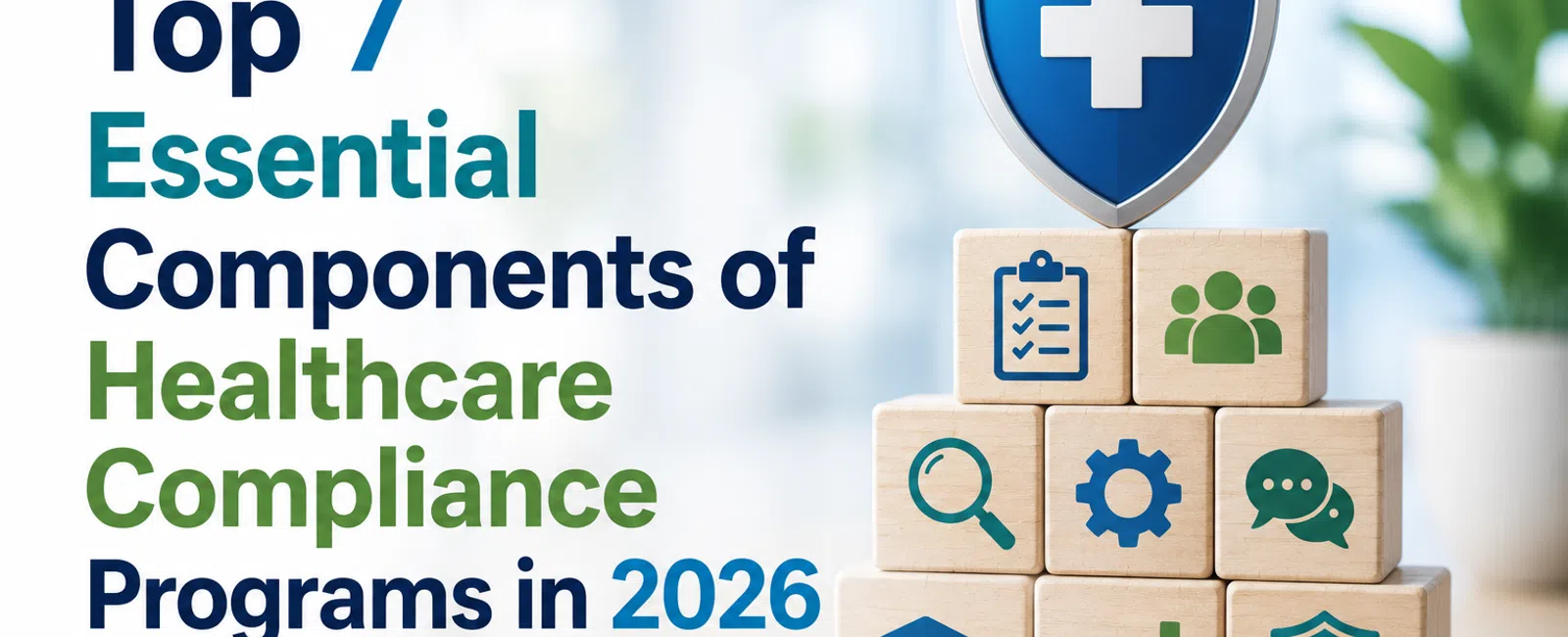 Top 7 essential components of healthcare compliance programs represented by wooden blocks with icons and a shield symbol.