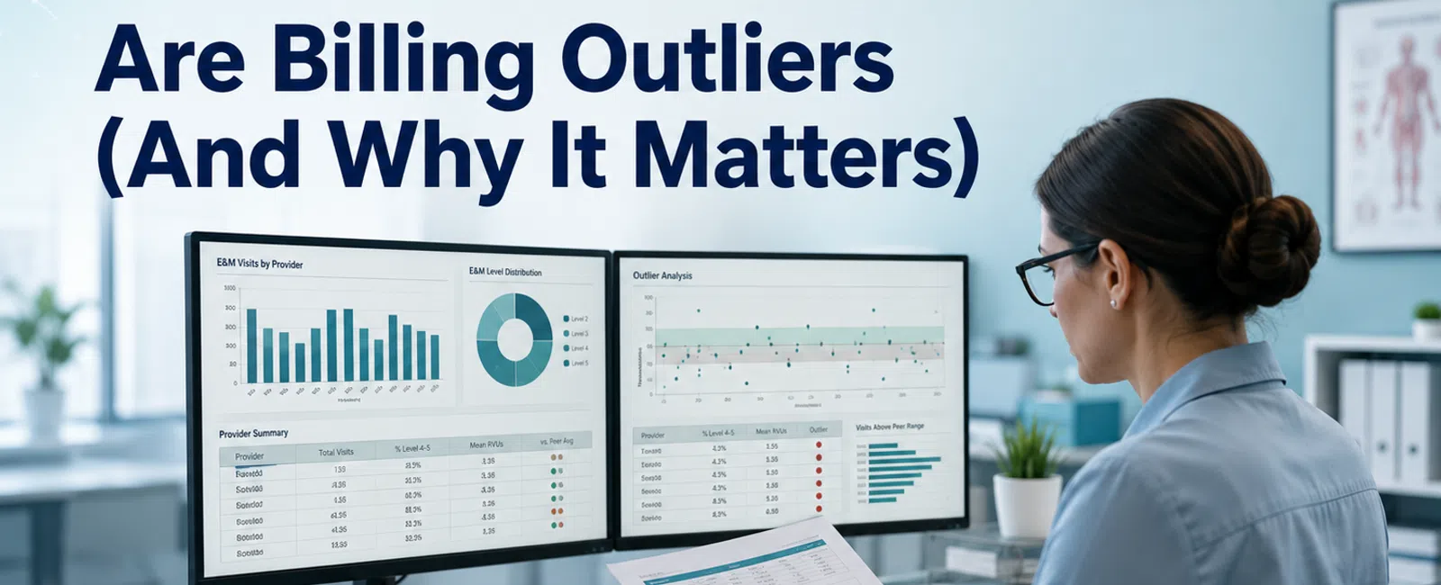 Medical coder analyzing E&M coding audit data with charts on dual monitors and printed reports in office.