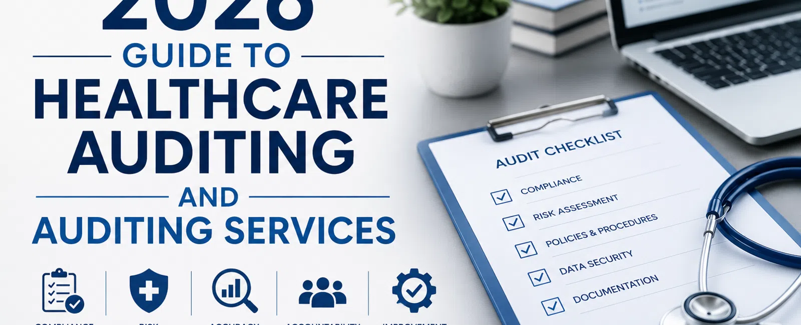 2026 guide to healthcare auditing with checklist, stethoscope, laptop showing charts, and office desk setup.