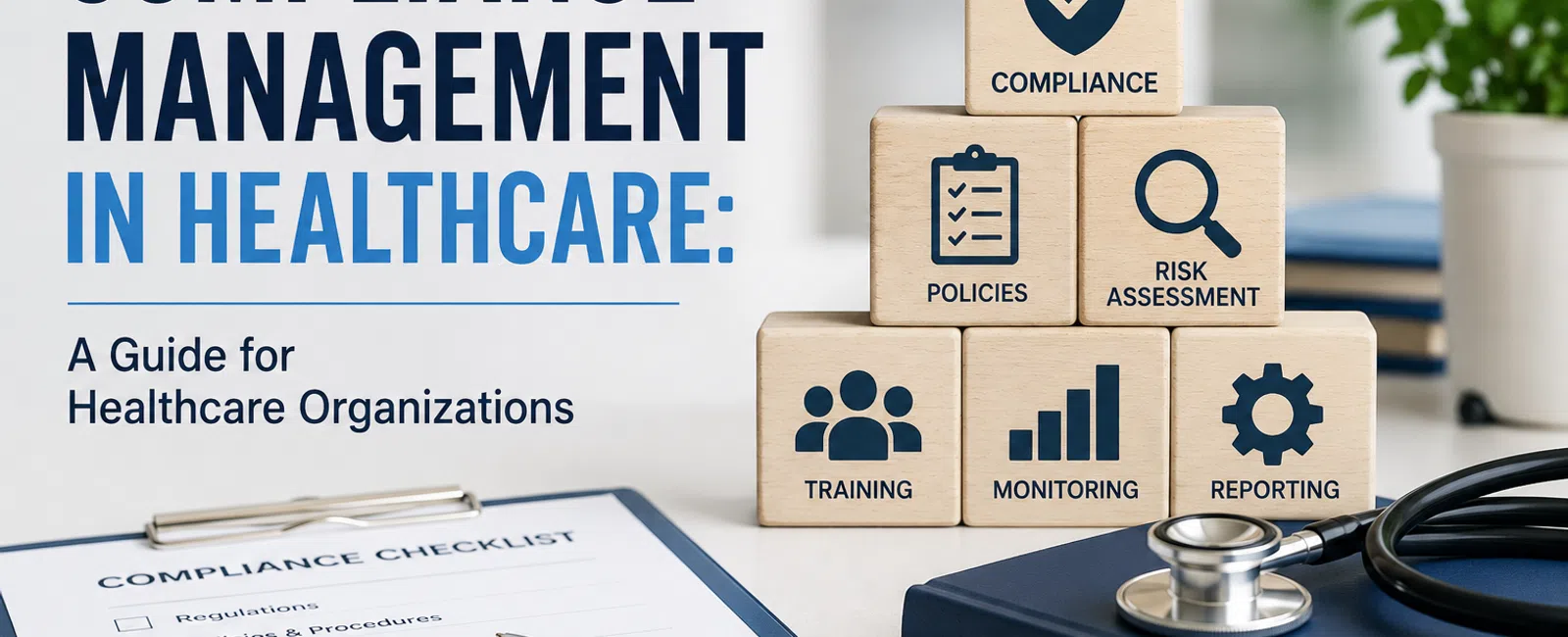 Healthcare compliance management guide with checklist, stacked blocks showing policies, risk, training, and monitoring.
