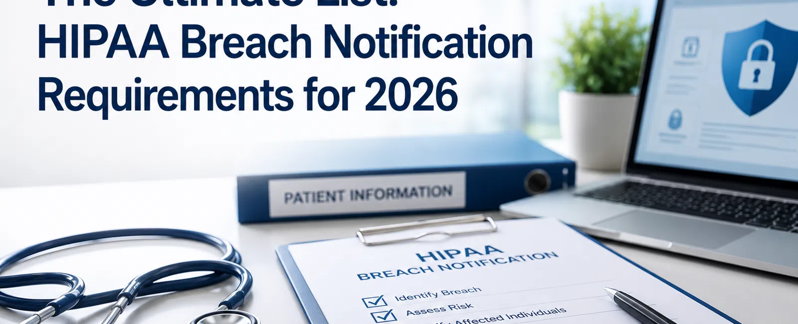 Desk with HIPAA breach notification checklist, stethoscope, patient information binder, and laptop with security shield screen.