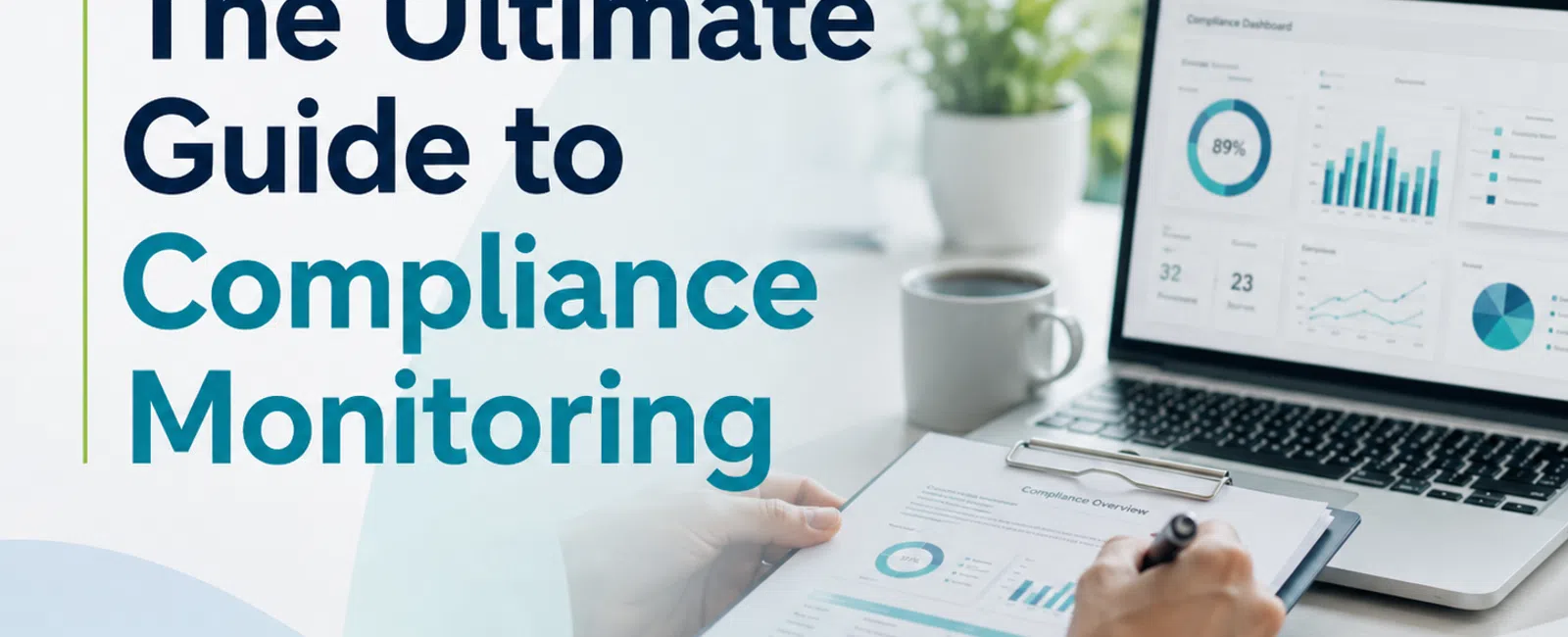 The Ultimate Guide to Compliance Monitoring text with healthcare compliance charts on laptop and clipboard.
