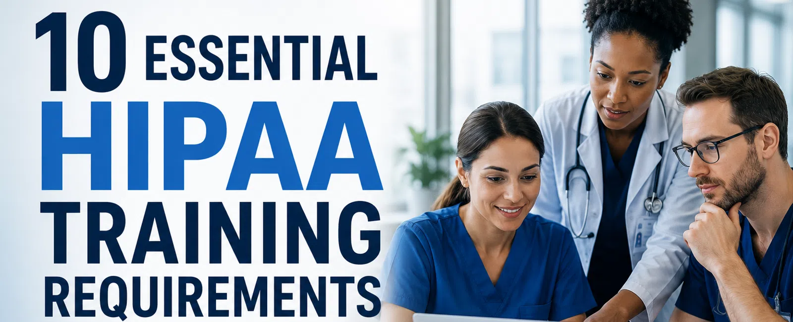 Healthcare professionals reviewing HIPAA training requirements on laptop for 2026 compliance in modern office.