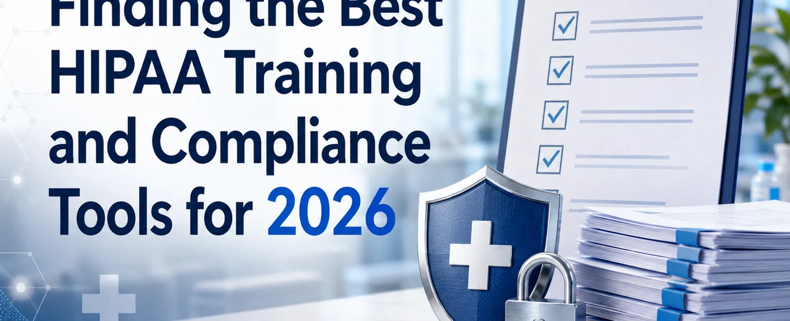 Clipboard with checklist, shield, lock, and documents representing HIPAA training and compliance tools for 2026.