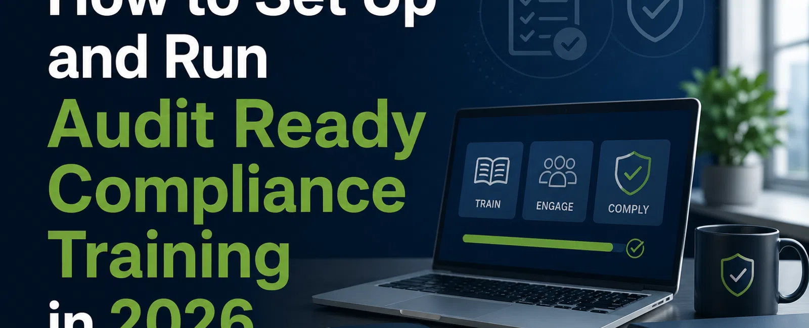 Laptop screen showing audit readiness steps with notebook, pen, and compliance book on desk in office.