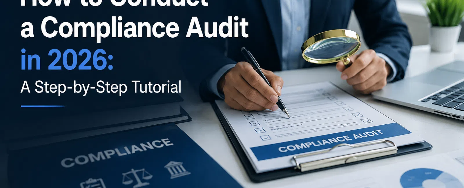 Man in suit holds magnifying glass and pen checking compliance audit form with charts and documents on desk.