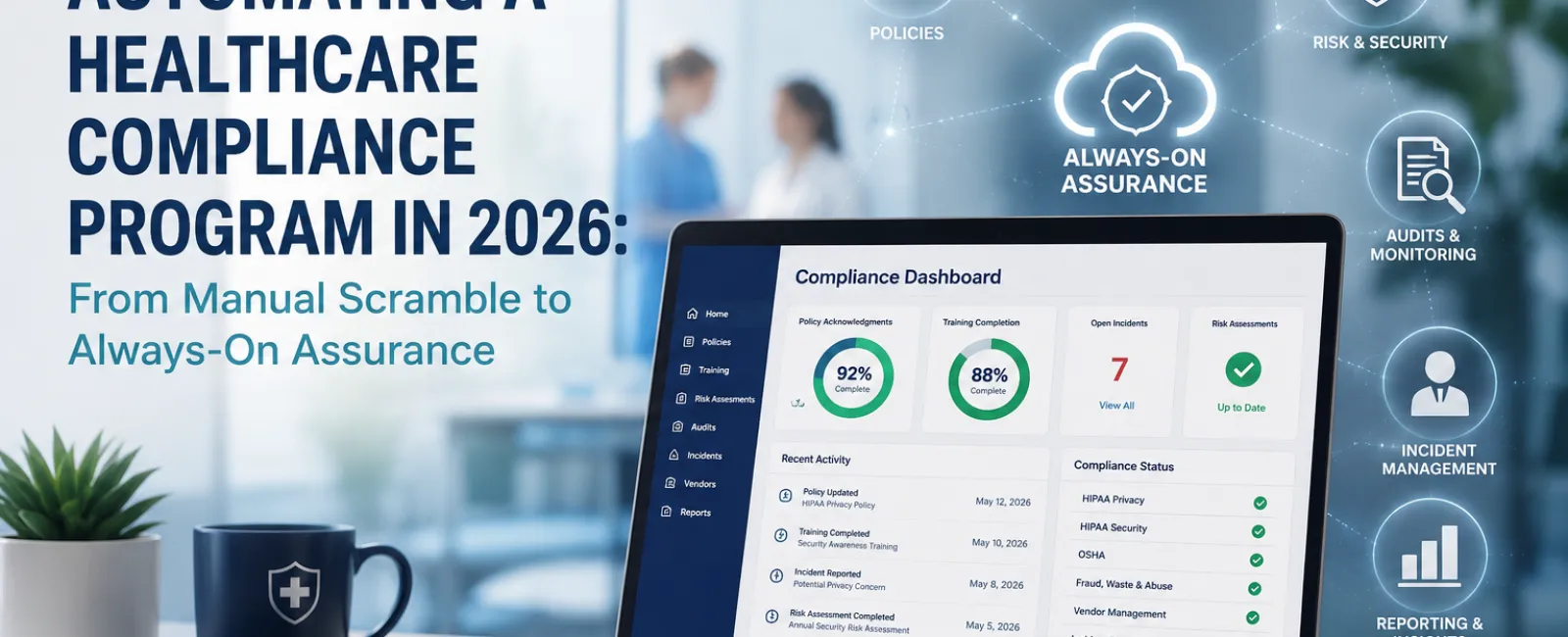 Laptop displaying healthcare compliance dashboard with icons for policies, training, risk, audits, and incident management.
