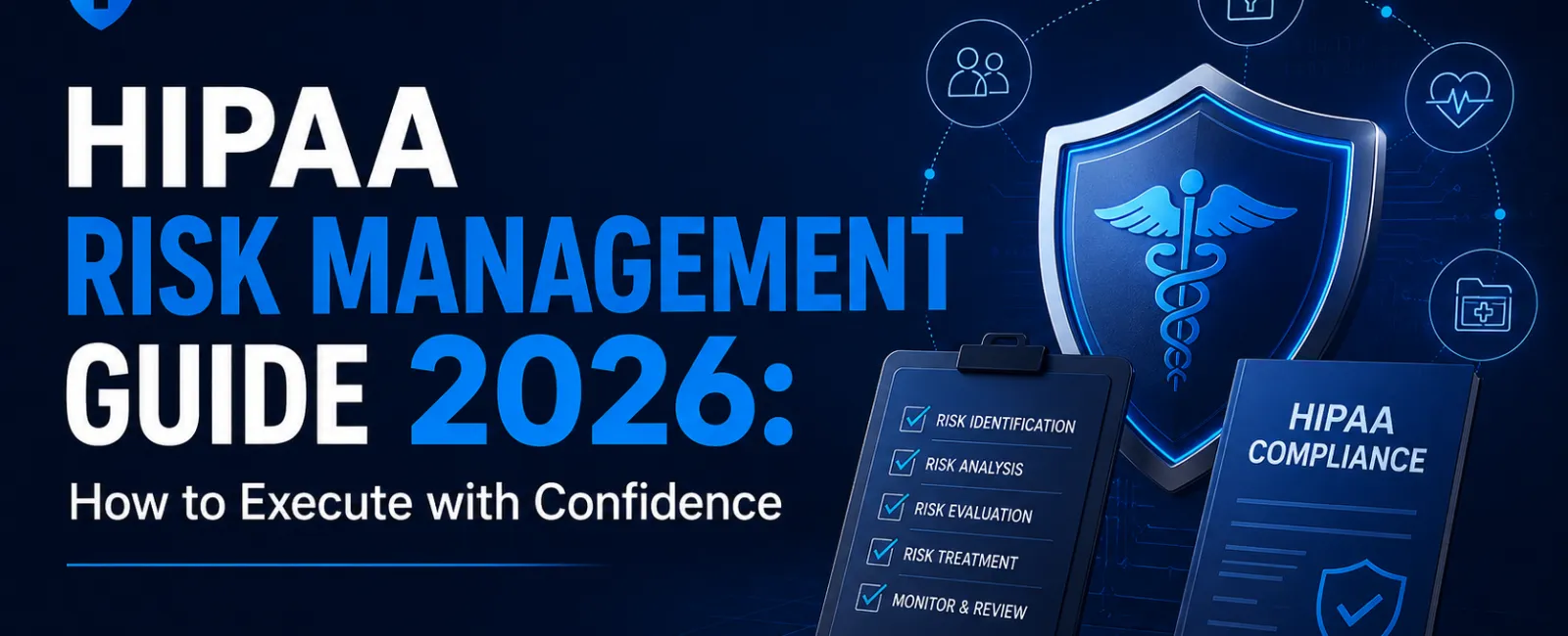 HIPAA risk management guide 2026 with shield, compliance document, and checklist on dark blue background.