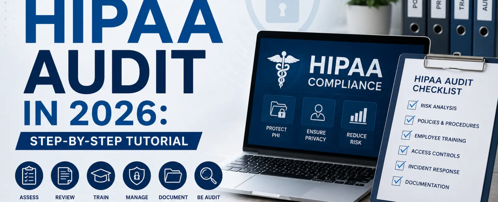 HIPAA audit preparation tutorial with checklist, laptop showing compliance icons, binder files, stethoscope, and risk analysis notebook.