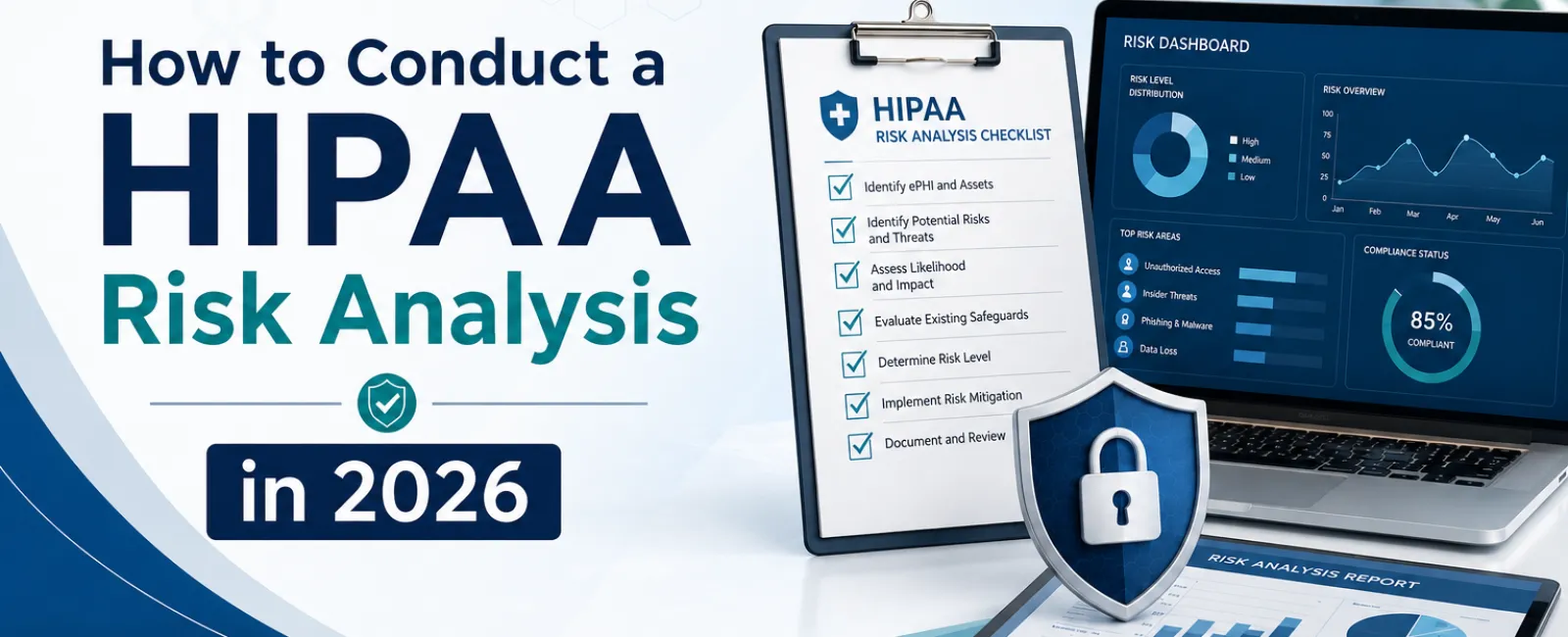 Clipboard with HIPAA risk analysis checklist, laptop showing risk dashboard, and tablet with risk report on desk.