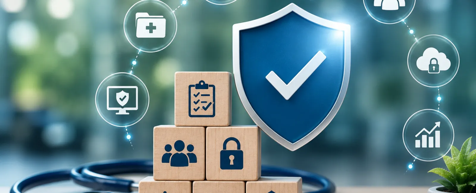 Stacked wooden blocks with healthcare and security icons, stethoscope, shield with checkmark, and network of protection symbols