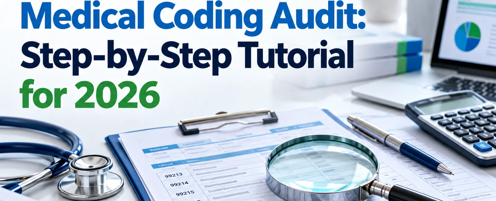 Medical coding audit tutorial text over a desk with magnifying glass, stethoscope, calculator, and documents.