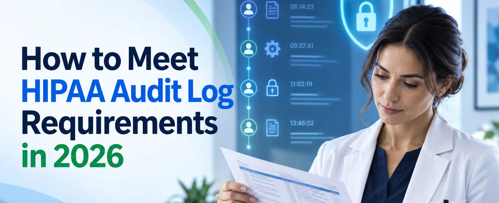 Medical professional reviewing documents with digital HIPAA audit log icons and security shield in modern office.