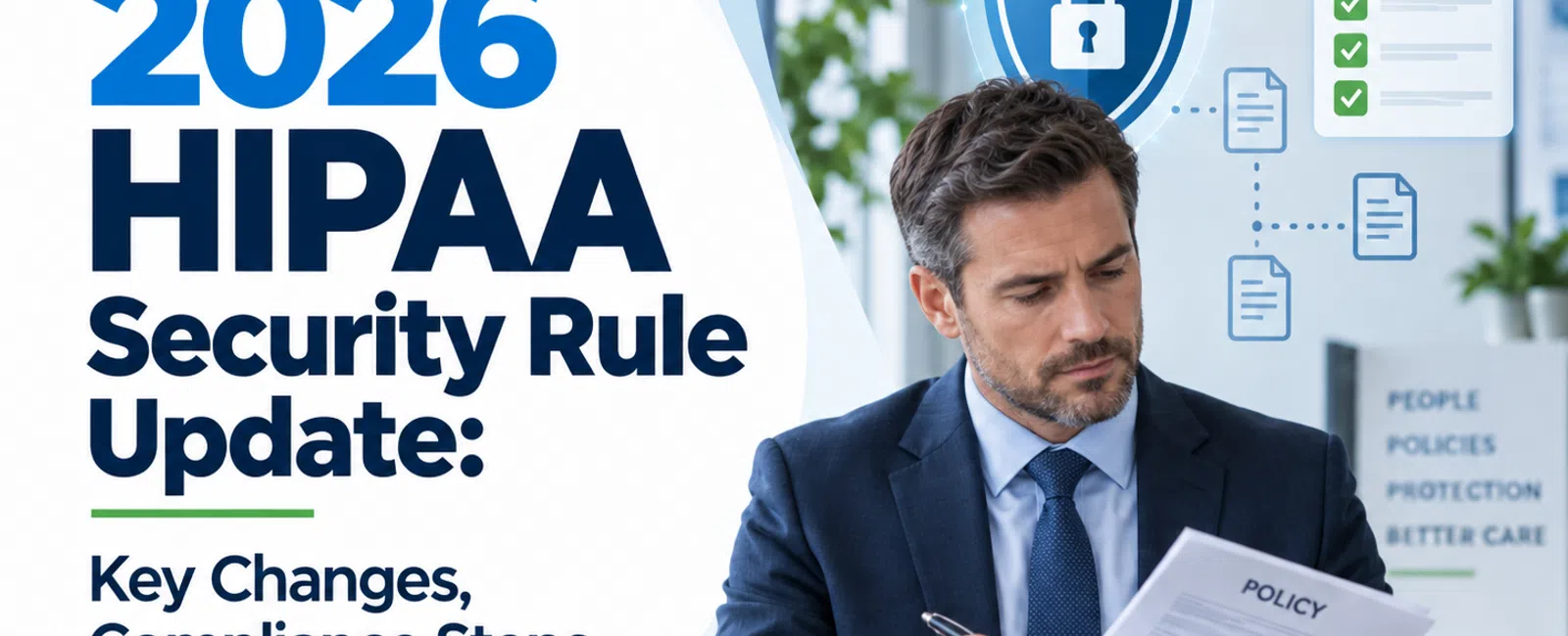 Businessman reviewing HIPAA policy documents with 2026 security update graphics and compliance book stack on desk.