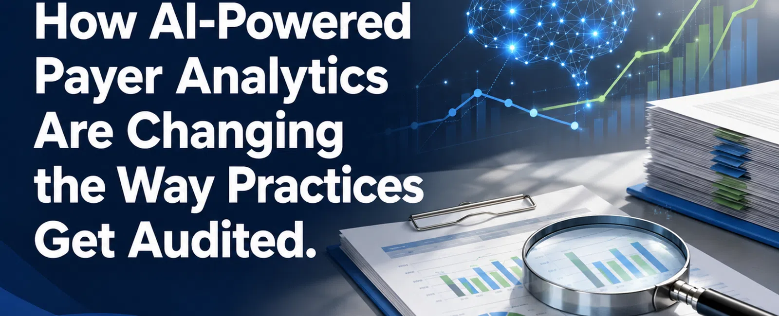 AI-powered payer analytics transforming medical practice audits with data charts, magnifying glass, and digital brain graphic.