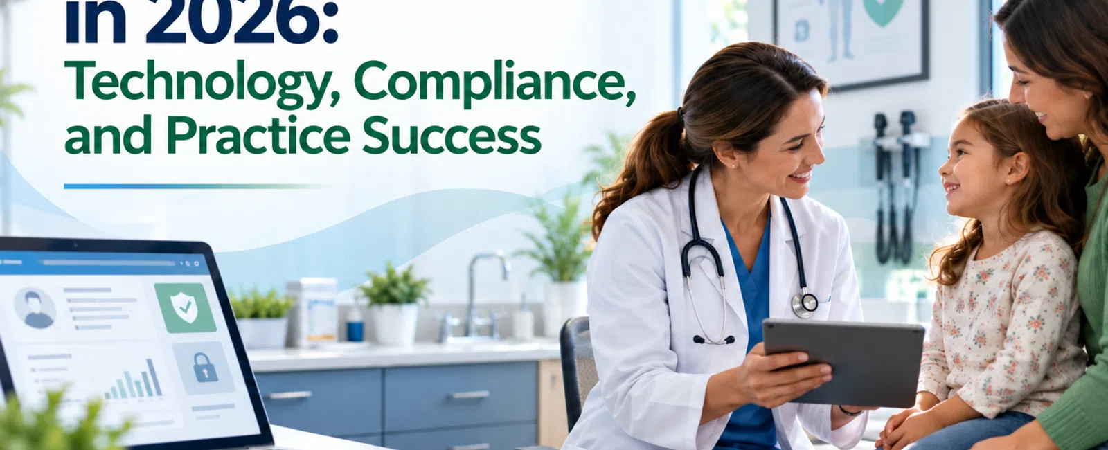 Doctor showing tablet to smiling child and mother in clinic with overlaid text about family medicine in 2026