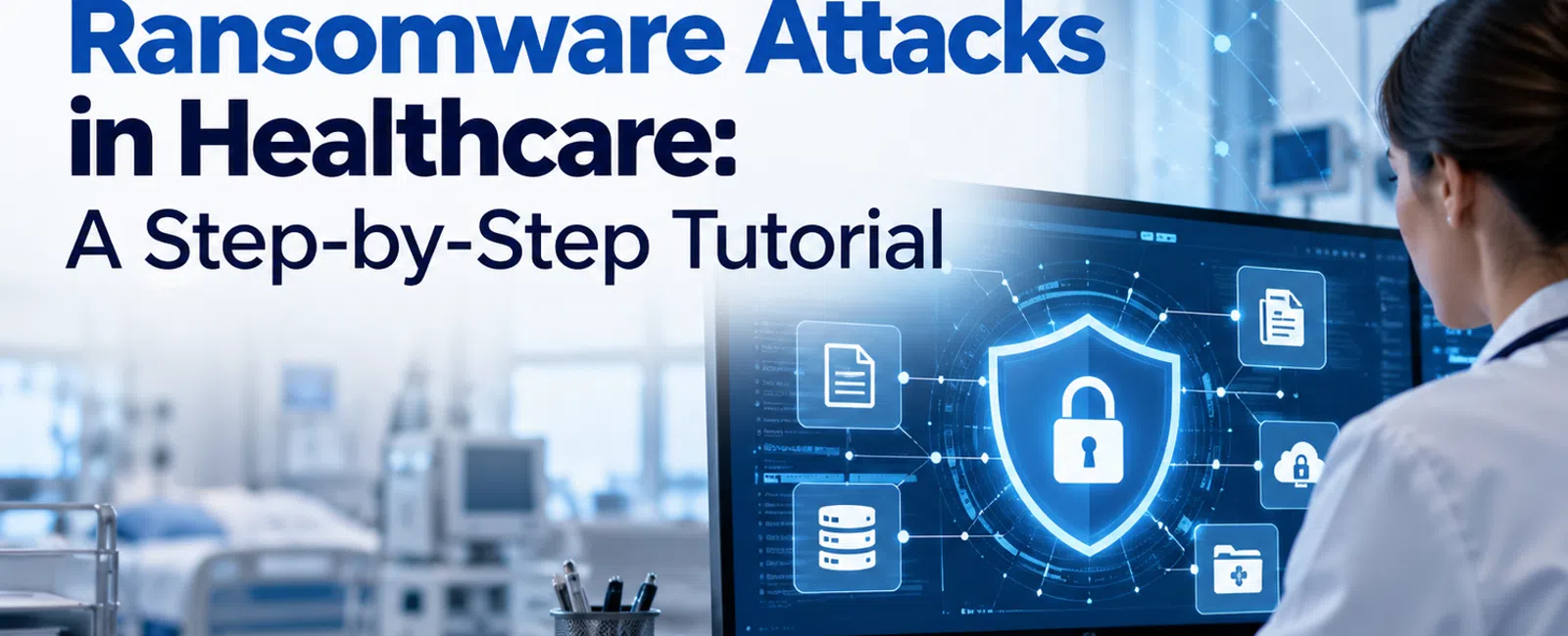 Doctor at computer in hospital demonstrating ransomware prevention with security icons on screen and tutorial text.