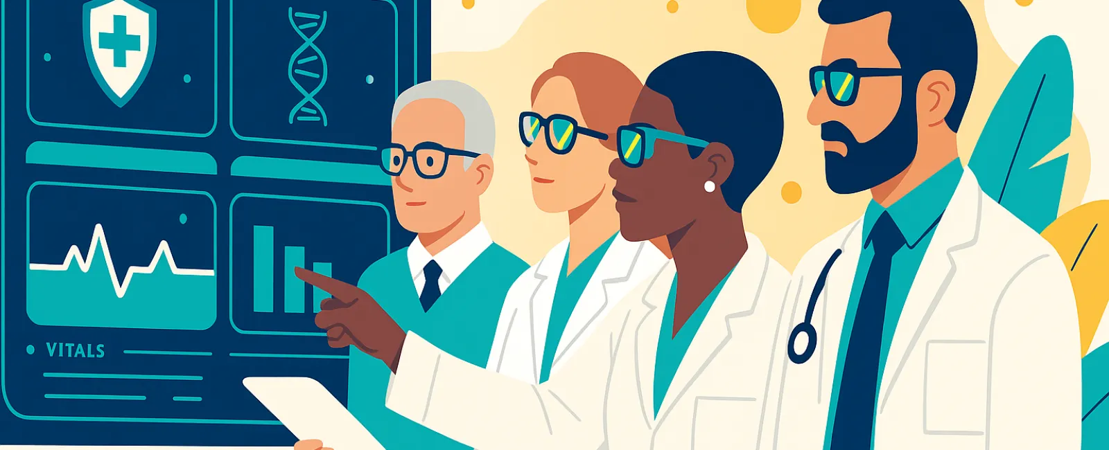 Diverse medical team analyzing digital health data on large screen with charts and DNA symbols