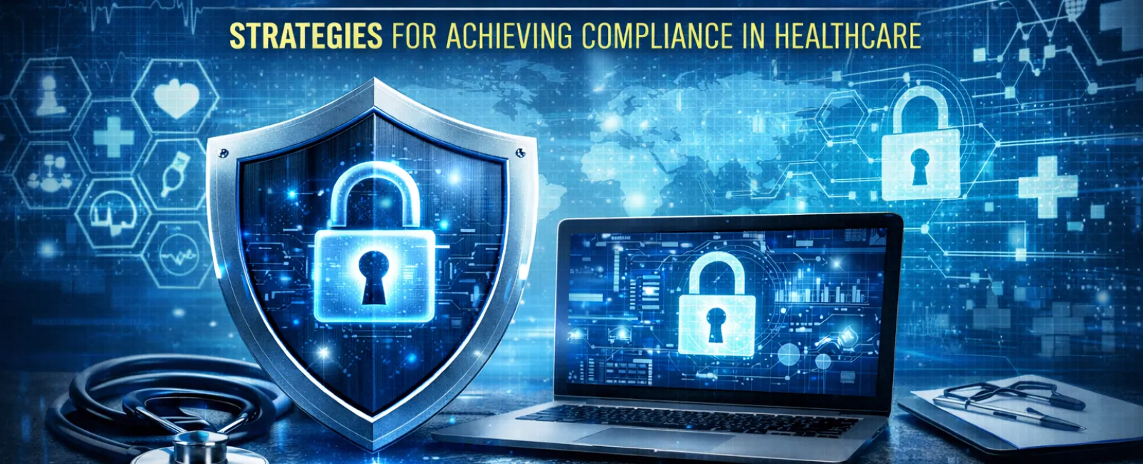 HIPAA Security Rule requirements with digital locks, shield, stethoscope, and laptop for healthcare data protection.