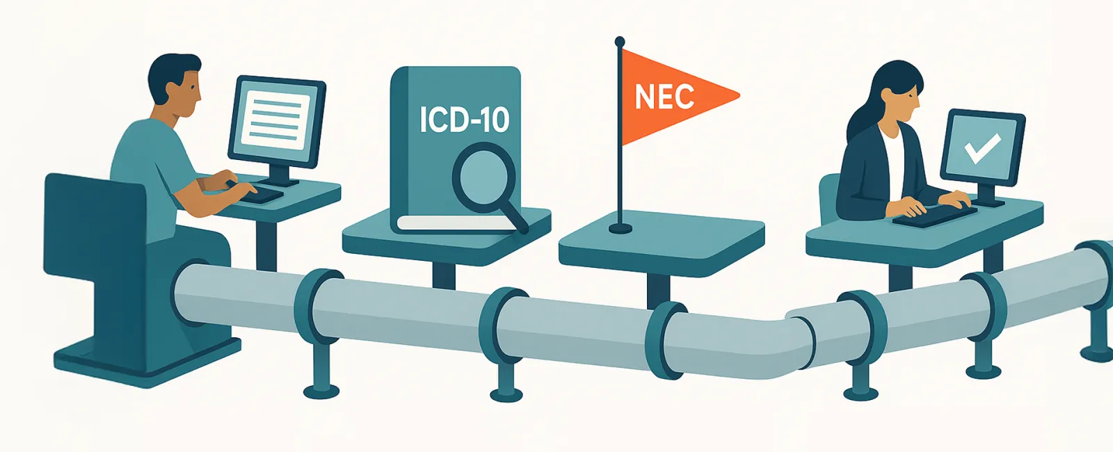 Two people working at computers connected by a pipeline with ICD-10 book and NEC flag between them.