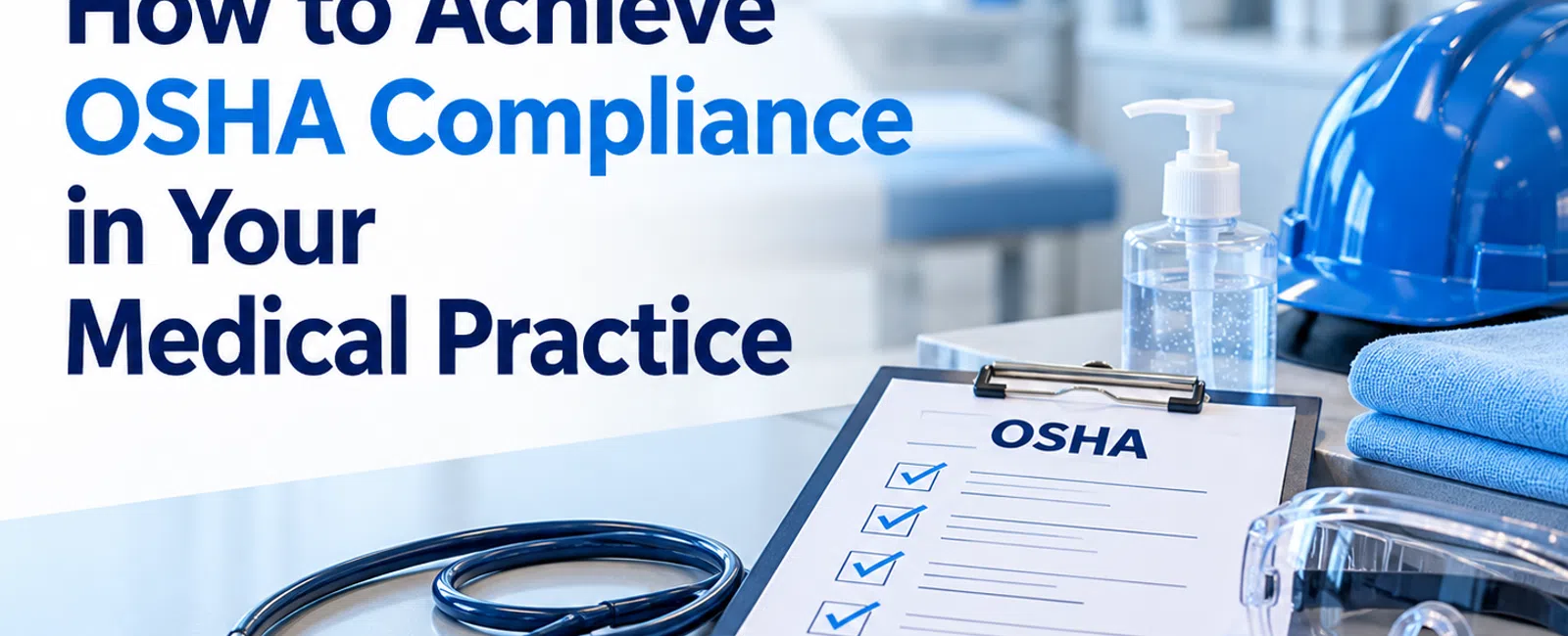 Clipboard with OSHA checklist, stethoscope, safety goggles, hand sanitizer, and hard hat in medical office setting.