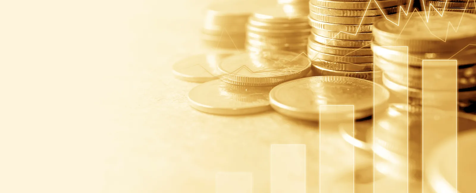Stacks of gold coins with transparent upward bar chart and growth line graph overlay on light background