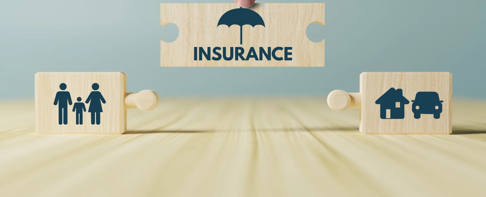Hand holding wooden puzzle piece with umbrella icon and Insurance text connecting family and home car icons.